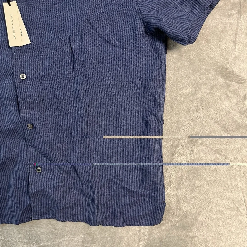Banana Republic Standard Shirt Mens L Blue Striped 100% Linen Short Sleeve